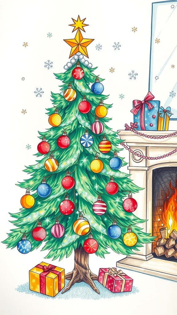 A colorful marker drawing of a Christmas tree with ornaments and snowflakes.